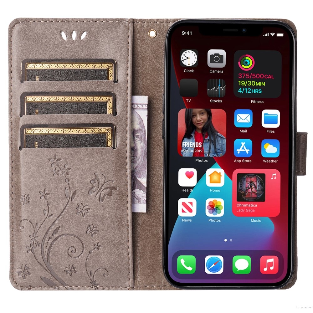 Virágok könyvtáska iPhone 15 Pro készülékhez - szürke