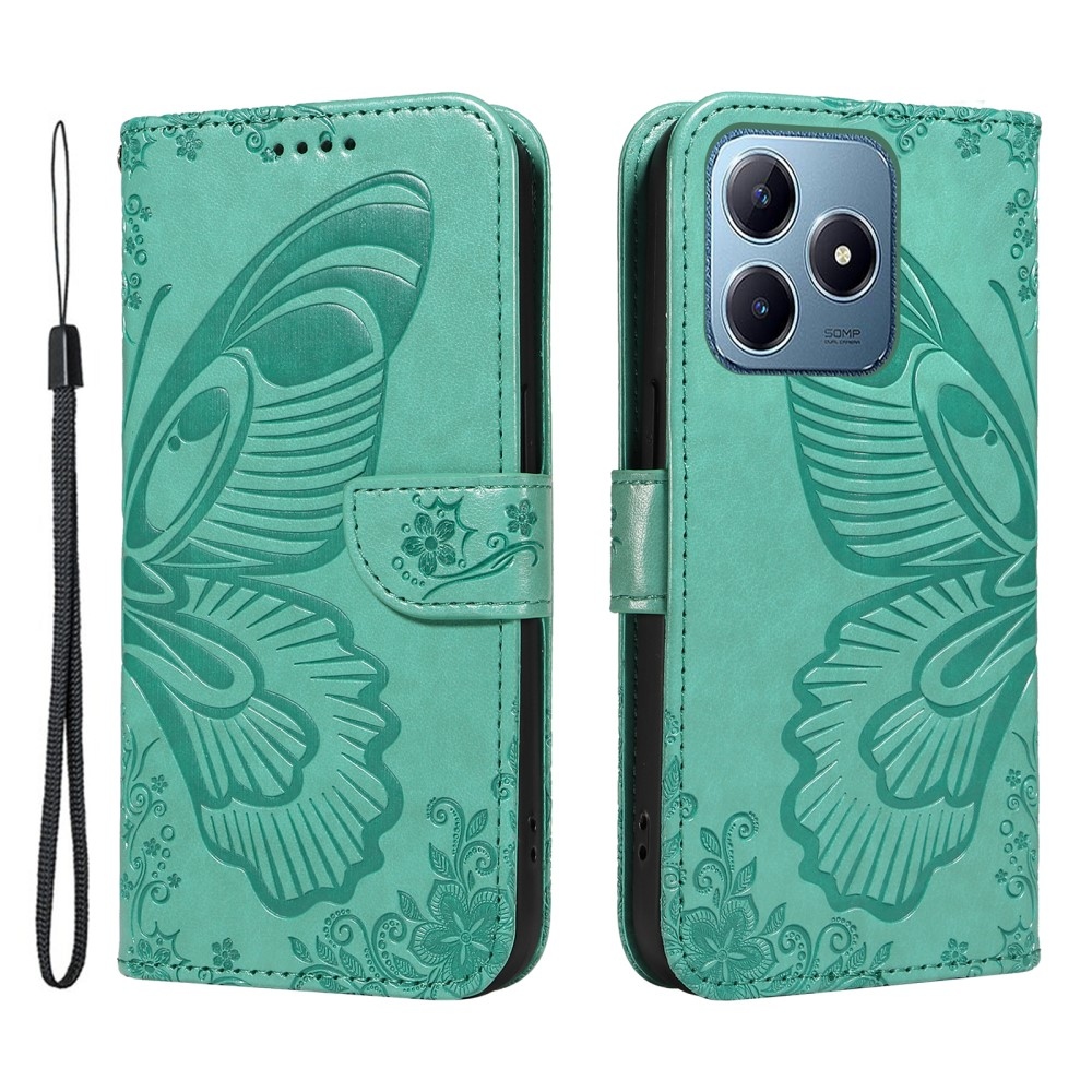 Virágos pillangó könyvtáska a Realme C61/C63 készülékhez - teáskék színű