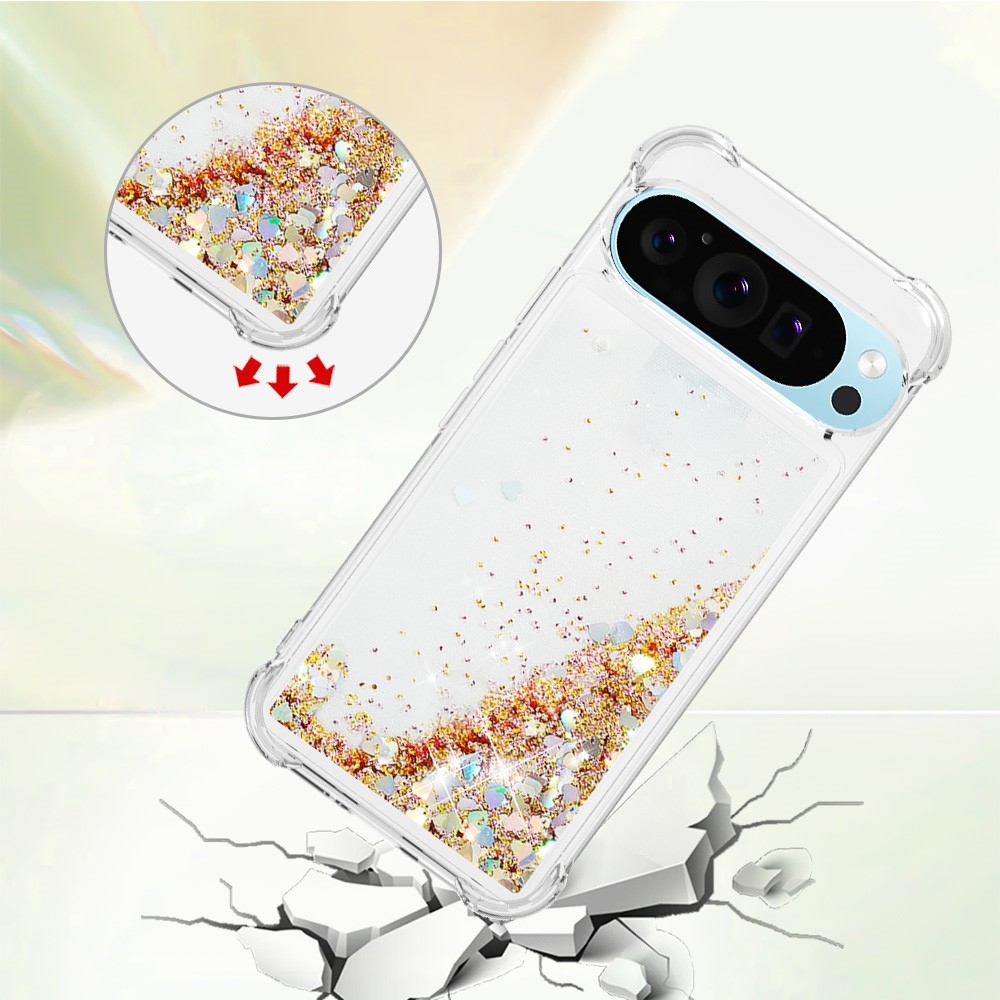 Csillogó homokóra zselés tok Google Pixel 10 Pro XL készülékhez - arany/szív