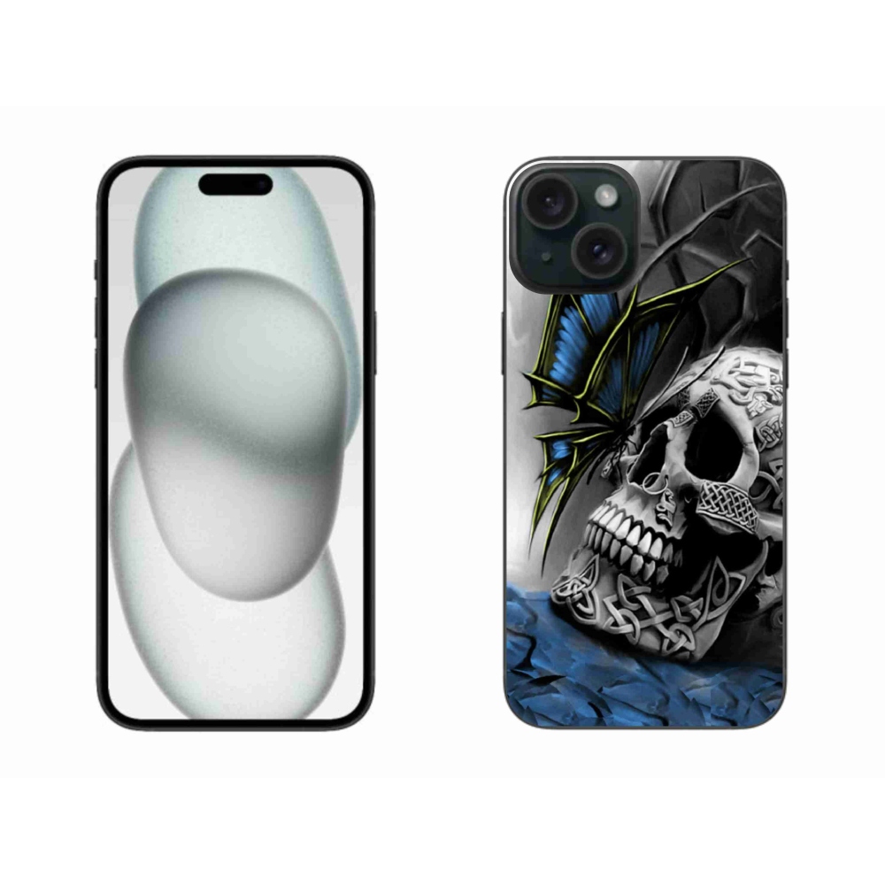 Zselés borítás mmCase iPhone 15 Plus készülékhez - pillangó és koponya