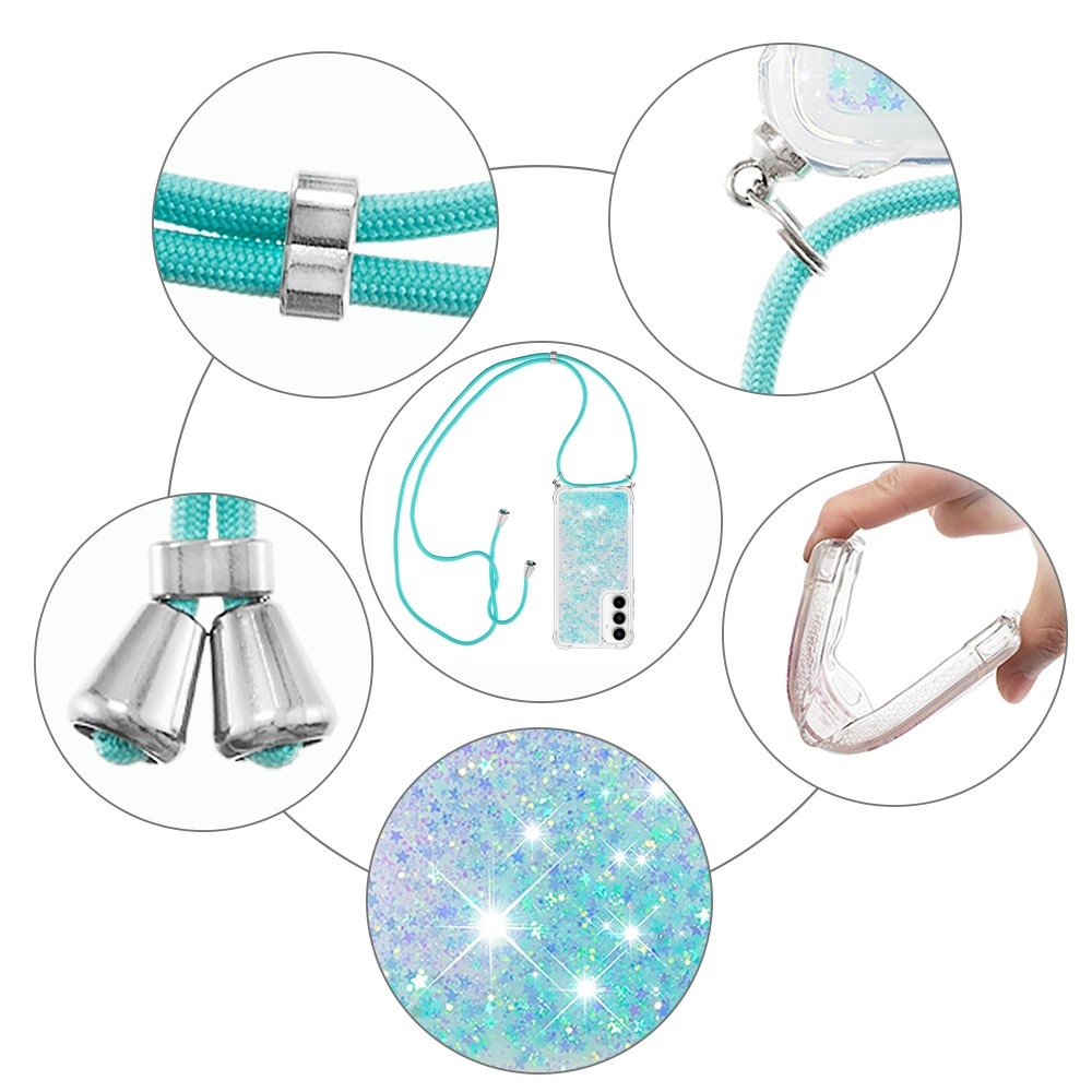 Csillogó homokóra zselés tok zsinórral Samsung Galaxy A36 5G-hez - kék/csillagok