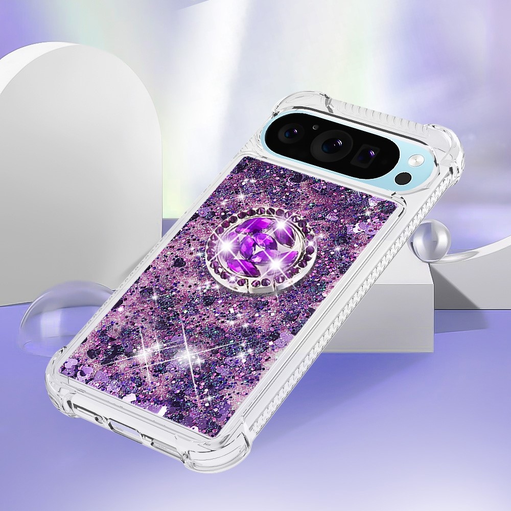 Glitt homokóra zselés tok ujjgyűrűvel a Google Pixel 10 számára - sötét lila/szív