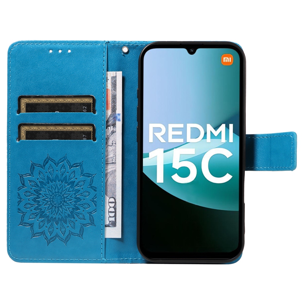 Napraforgó könyv tok Xiaomi Redmi 15C 4G/5G (173mm) - kék