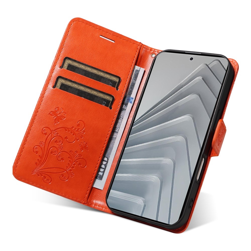 Nagy pillangó könyv tok Xiaomi Redmi Note 14 - narancssárga színben