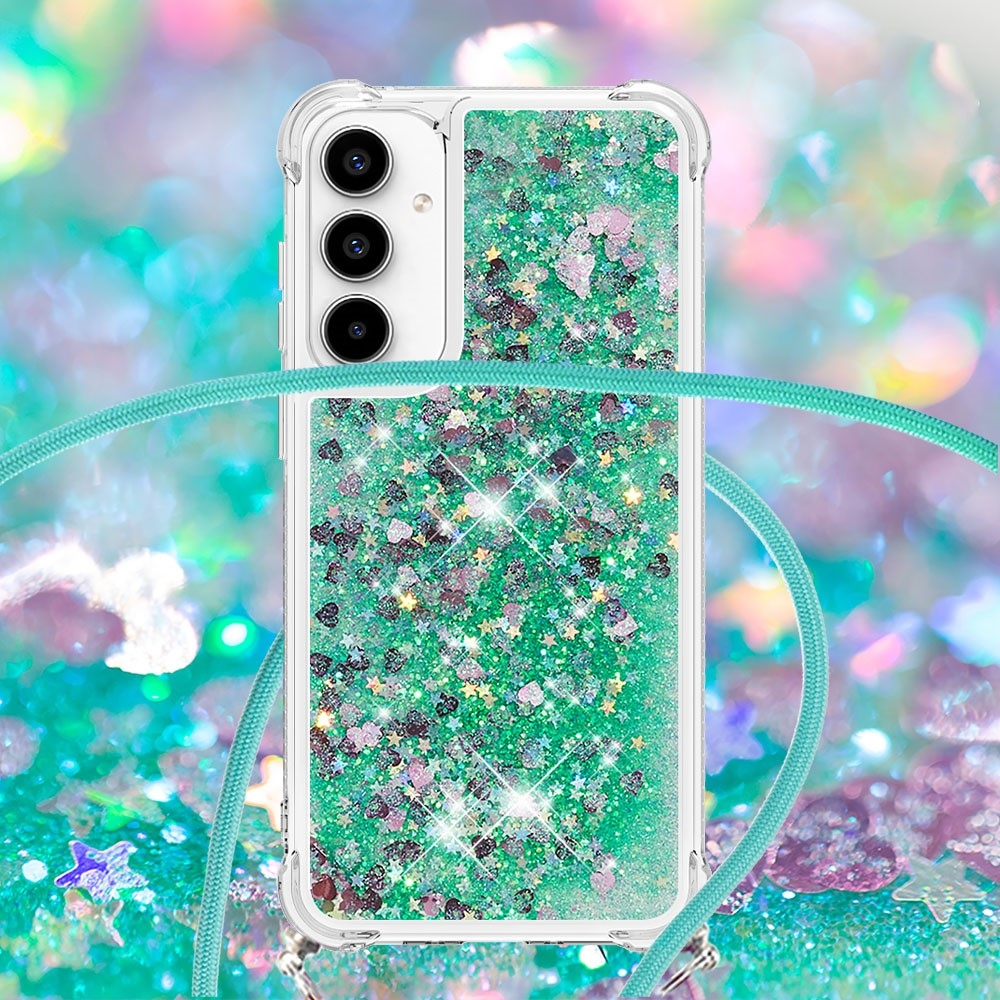 Csillogó homokóra zselés tok húzózsinórral Samsung Galaxy A56 5G - zöld/szív