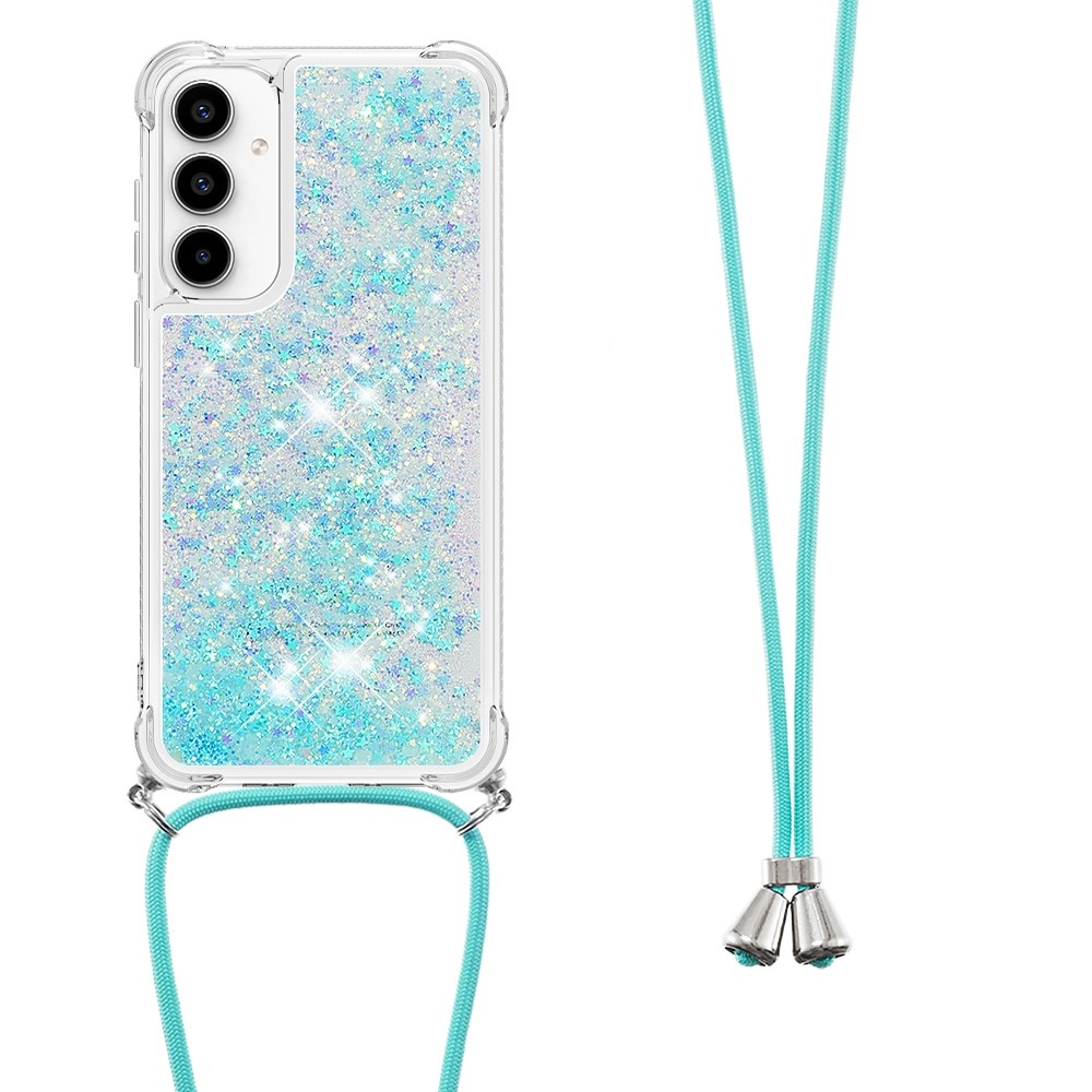 Csillogó homokóra zselés tok zsinórral Samsung Galaxy A36 5G-hez - kék/csillagok