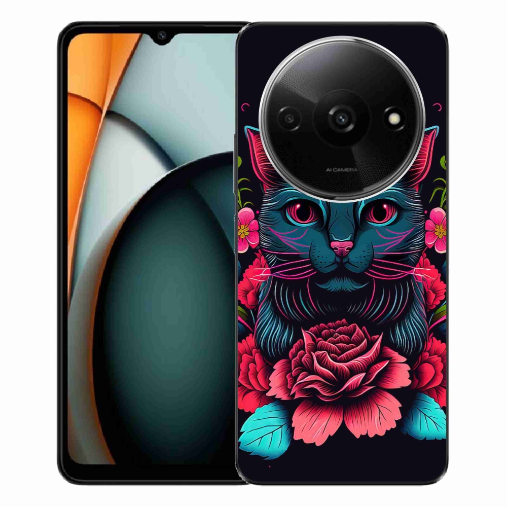 Gél borító mmCase a Xiaomi Redmi A3-hoz - virágok és macska