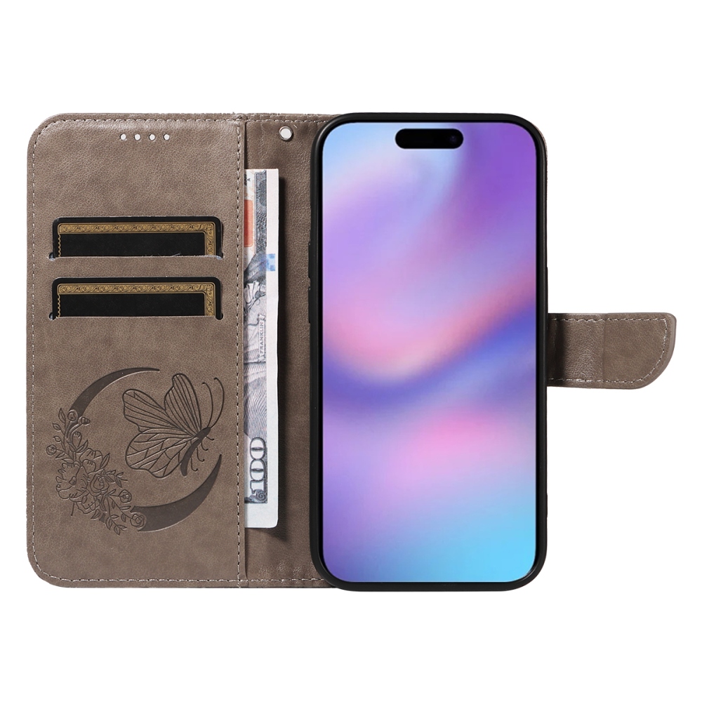 Virágos pillangó könyvtáska iPhone 17 készülékhez - szürke