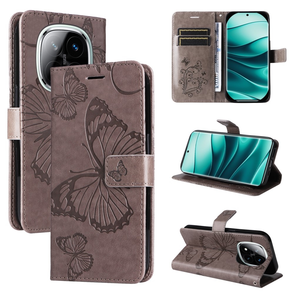 Nagy pillangó könyv tok a Xiaomi Redmi Note 14 Pro 5G/Poco X7 5G/Note 14 Pro+ 5G számára - szürke