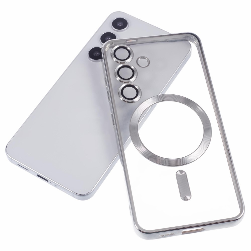 Átlátszó tok kameravédelemmel és MagSafe támogatással Samsung Galaxy S25+ készülékhez - ezüst színű