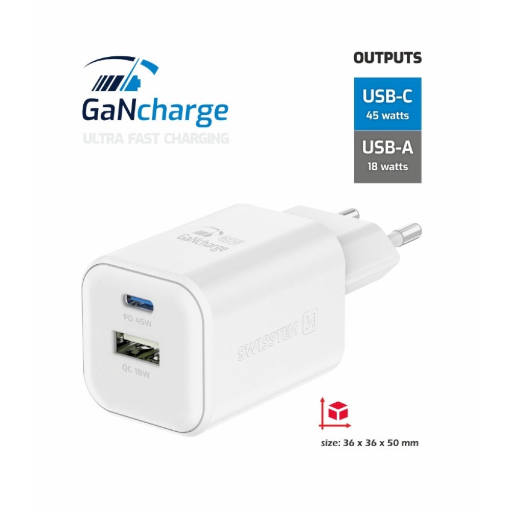 Töltő Swissten GaN 1x USB-C 45W PD + 1x USB-A 18W QC - fehér