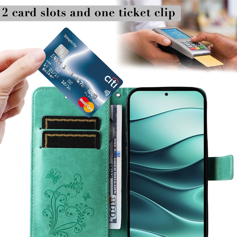 Nagy pillangó könyv tok a Xiaomi Redmi Note 14 5G-hez - teal színű