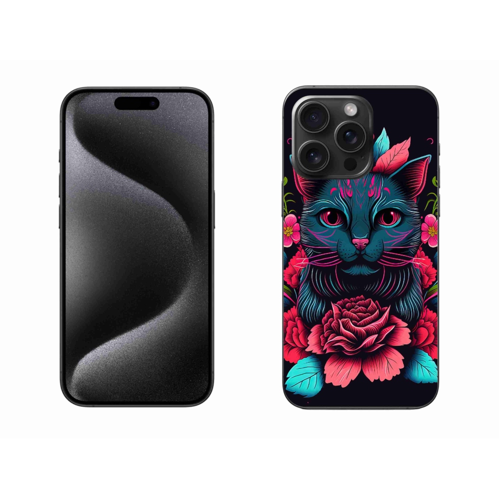 Gél borítás mmCase iPhone 15 Pro Max készülékhez - virágok és macska