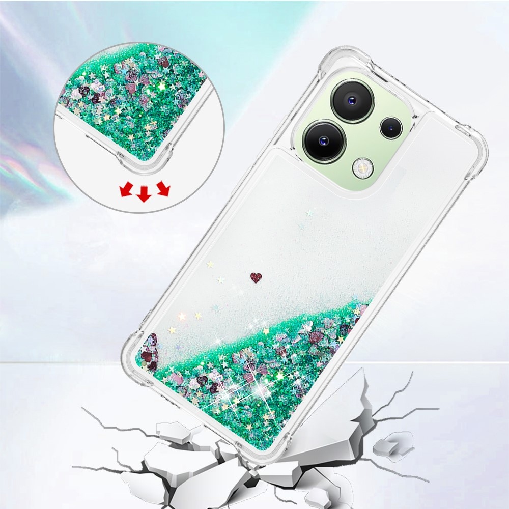 Glitter zselés homokóra tok Xiaomi Redmi Note 13-hoz - zöld/szívek