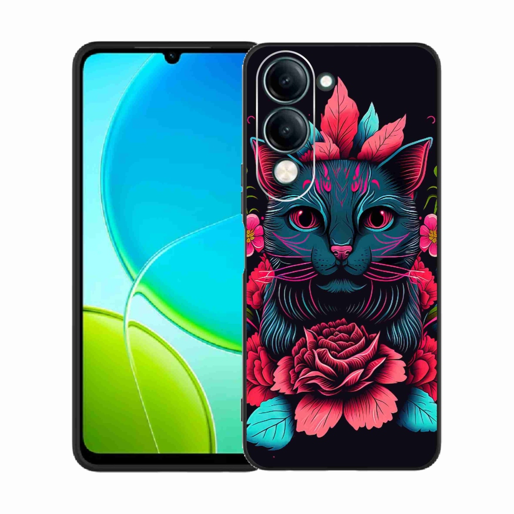 Gél borító mmCase a Vivo Y29s 5G-hez - virágok és macska