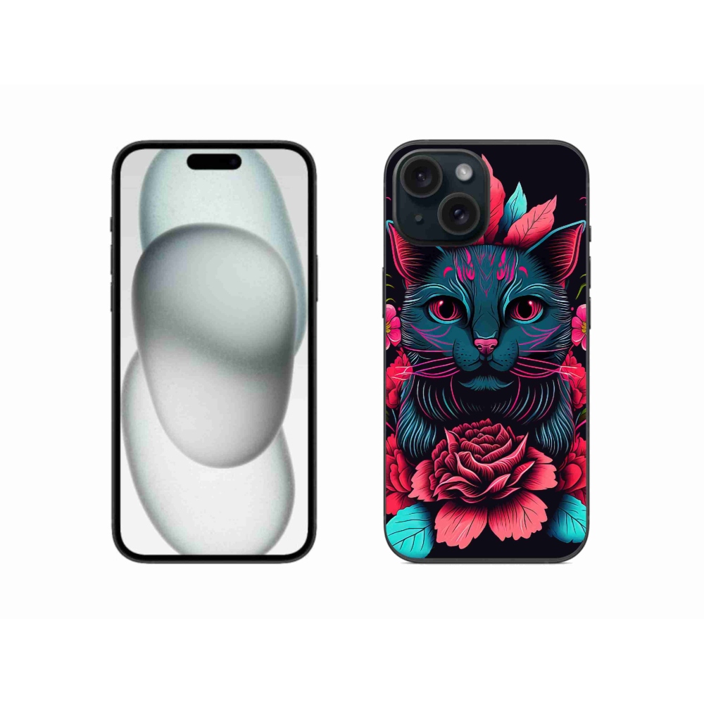 Gél borítás mmCase iPhone 15 készülékhez - virágok és macska