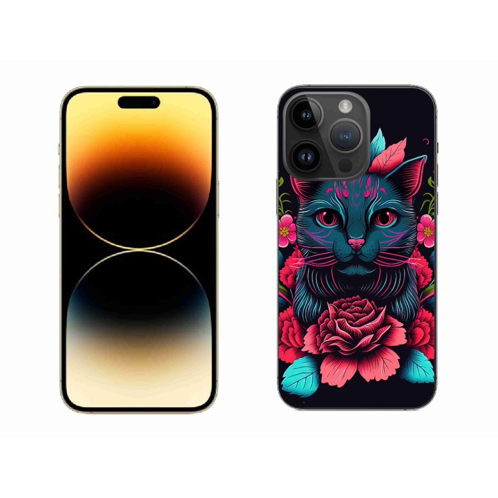 Zselés borítás mmCase iPhone 14 Pro Max készülékhez - virágok és macska