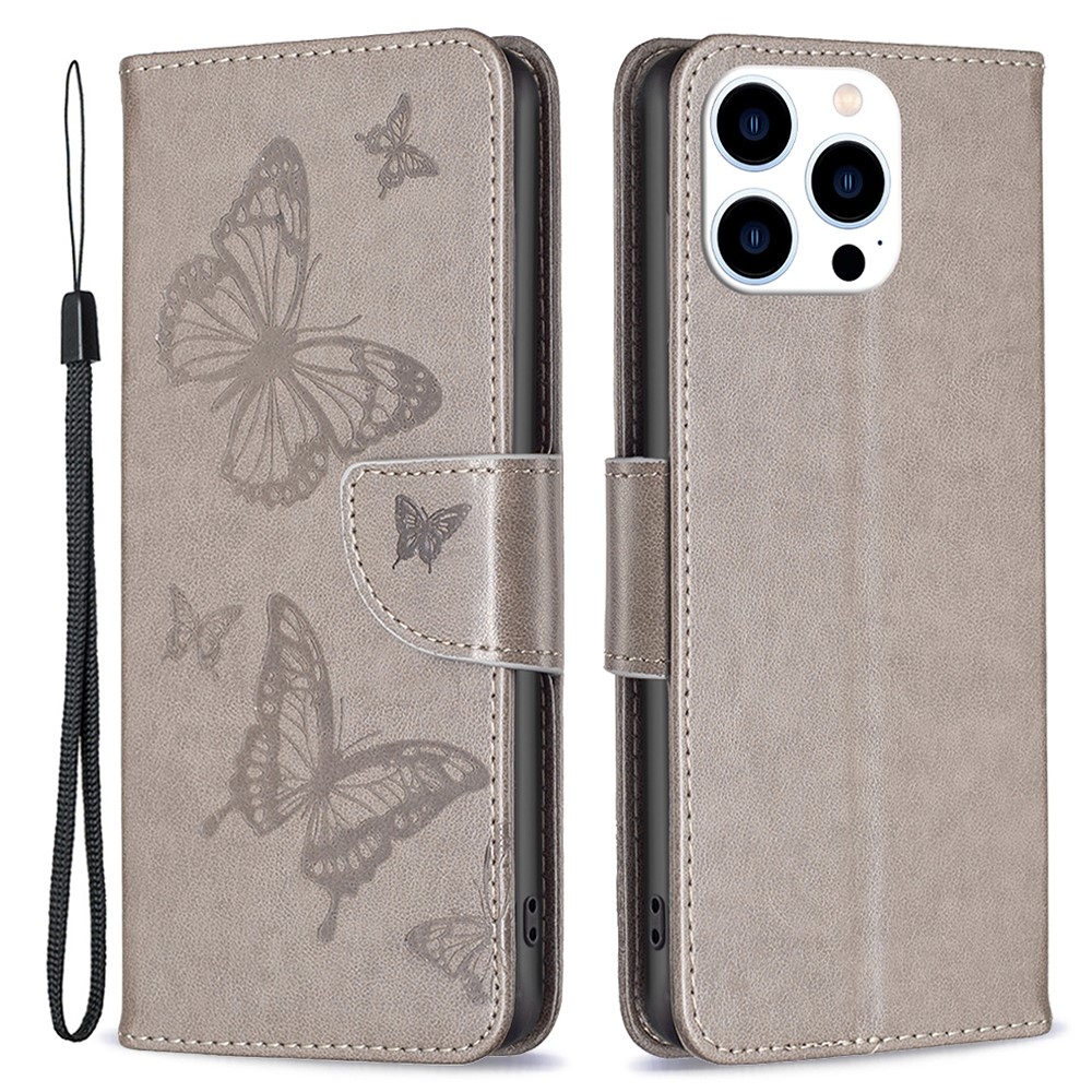 Pillangó könyvtáska iPhone 16 Pro készülékhez - szürke