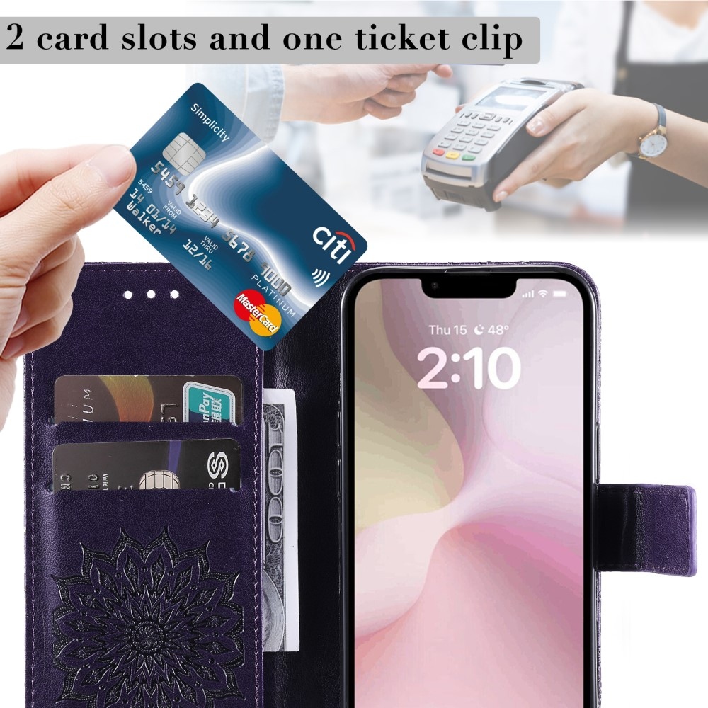 Napraforgó könyvtáska iPhone 16e készülékhez - sötétlila