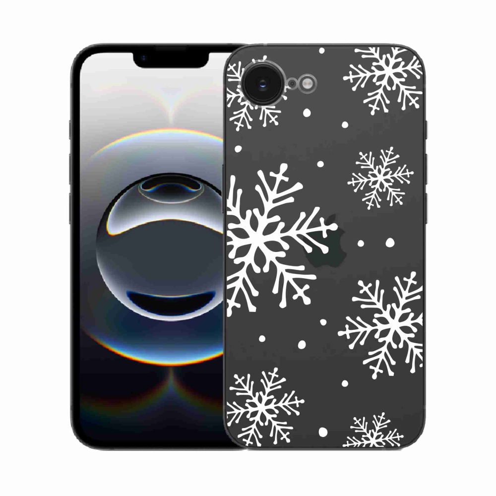 Zselés borítás mmCase iPhone 16e készülékhez - fehér pelyhek átlátszó háttéren