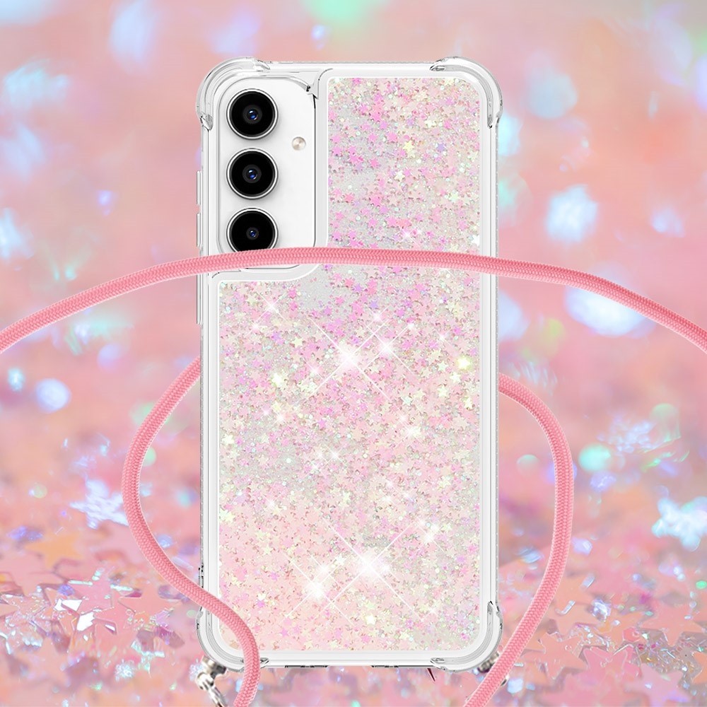 Csillogó homokóra zselés tok húzózsinórral Samsung Galaxy A36 5G - rózsaszín/csillagok