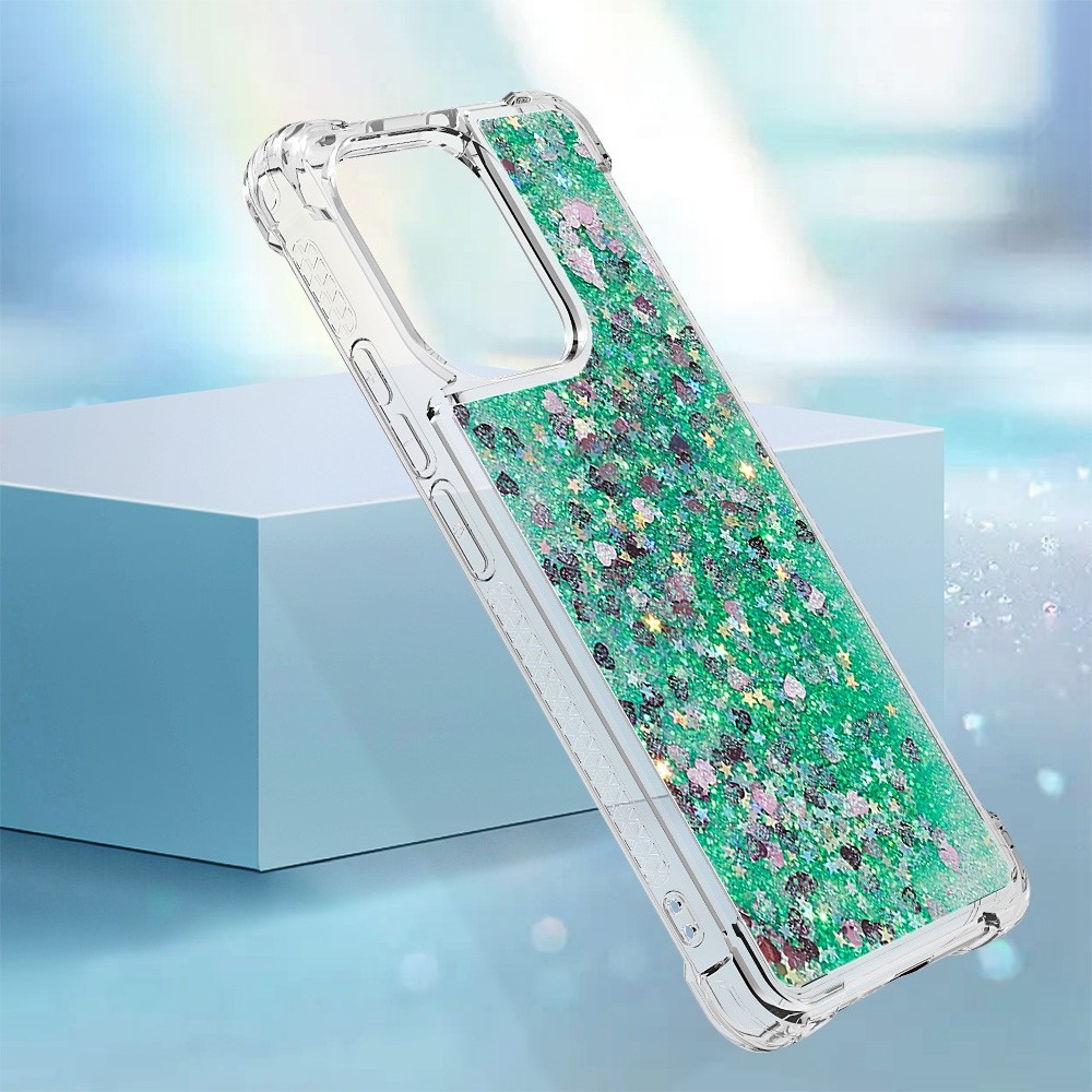 Glitter zselés homokóra tok Xiaomi Redmi Note 13-hoz - zöld/szívek