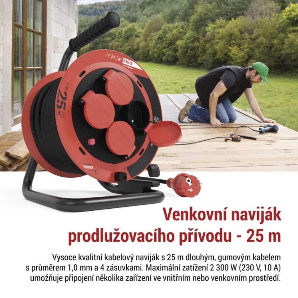 Kültéri hosszabbító kábel dobon 25 m / 4 aljzat / gumi / 230 V / 1,0 mm2 / IP44