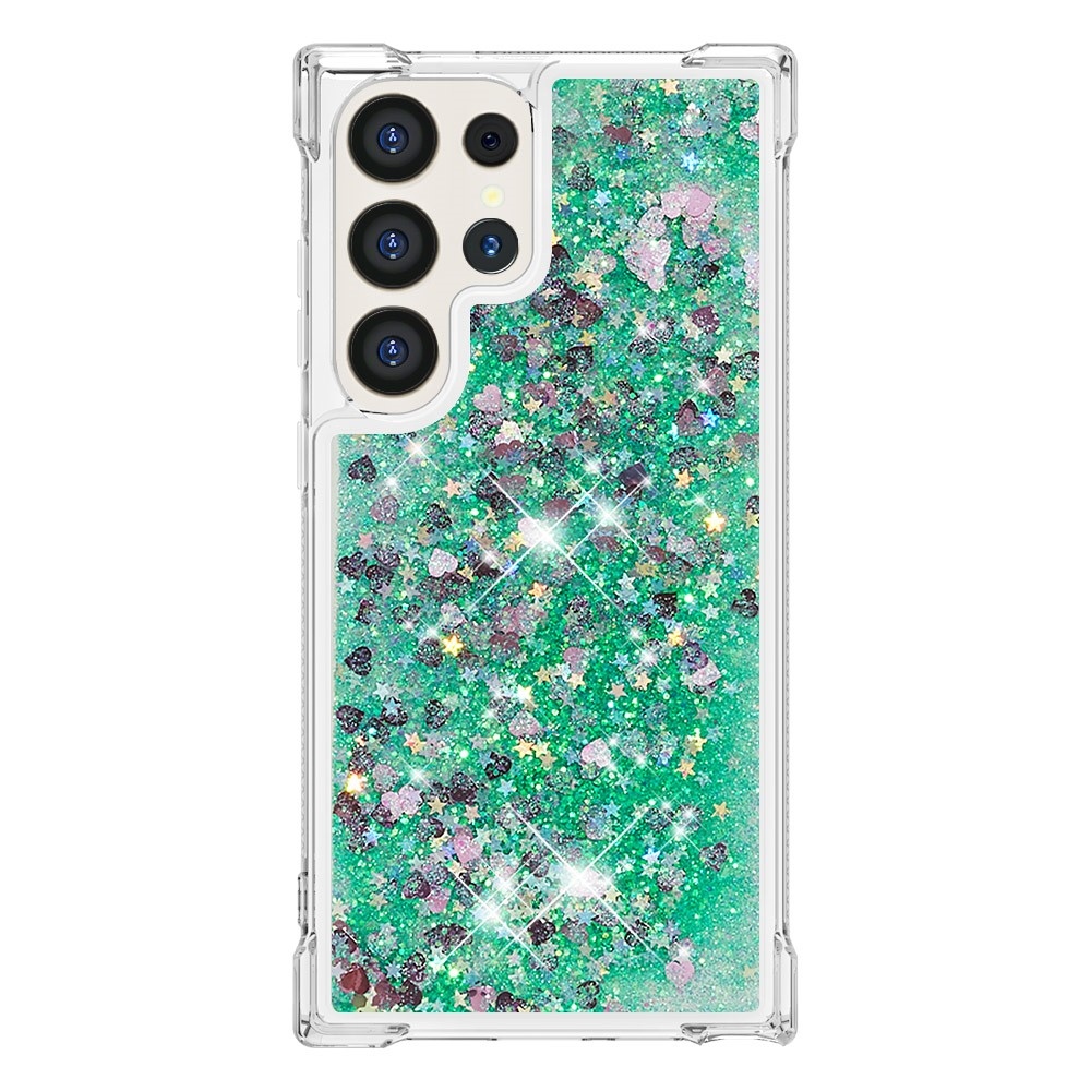 Glitter homokóra zselés tok Samsung Galaxy S24 Ultra készülékhez - zöld/szívek