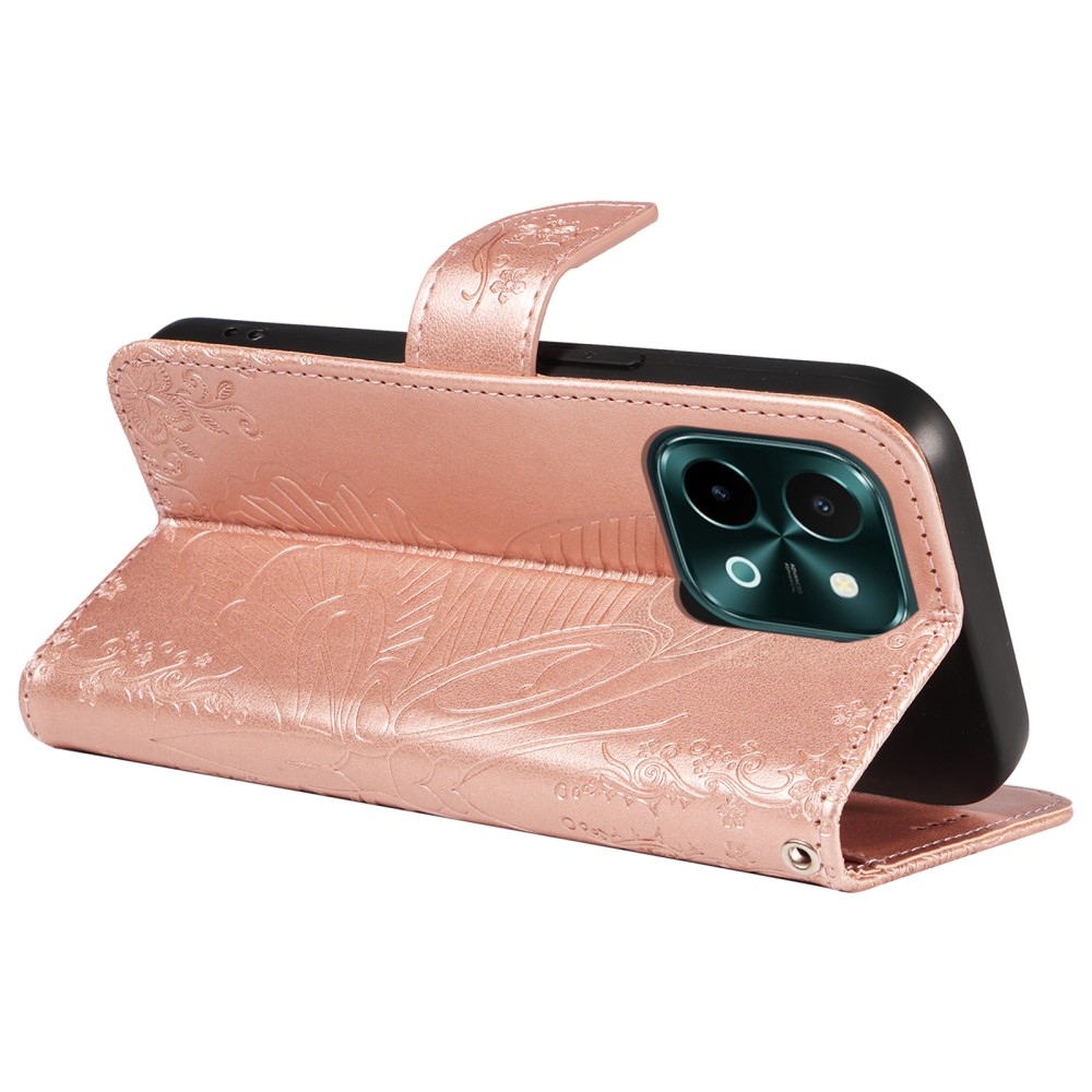 Virágos pillangó könyvtáska Vivo Y28-hoz - rózsaarany