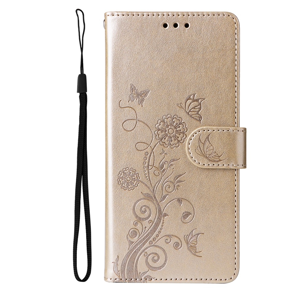Virágos könyvtáska a Realme 14 Pro+ 5G számára - arany színben