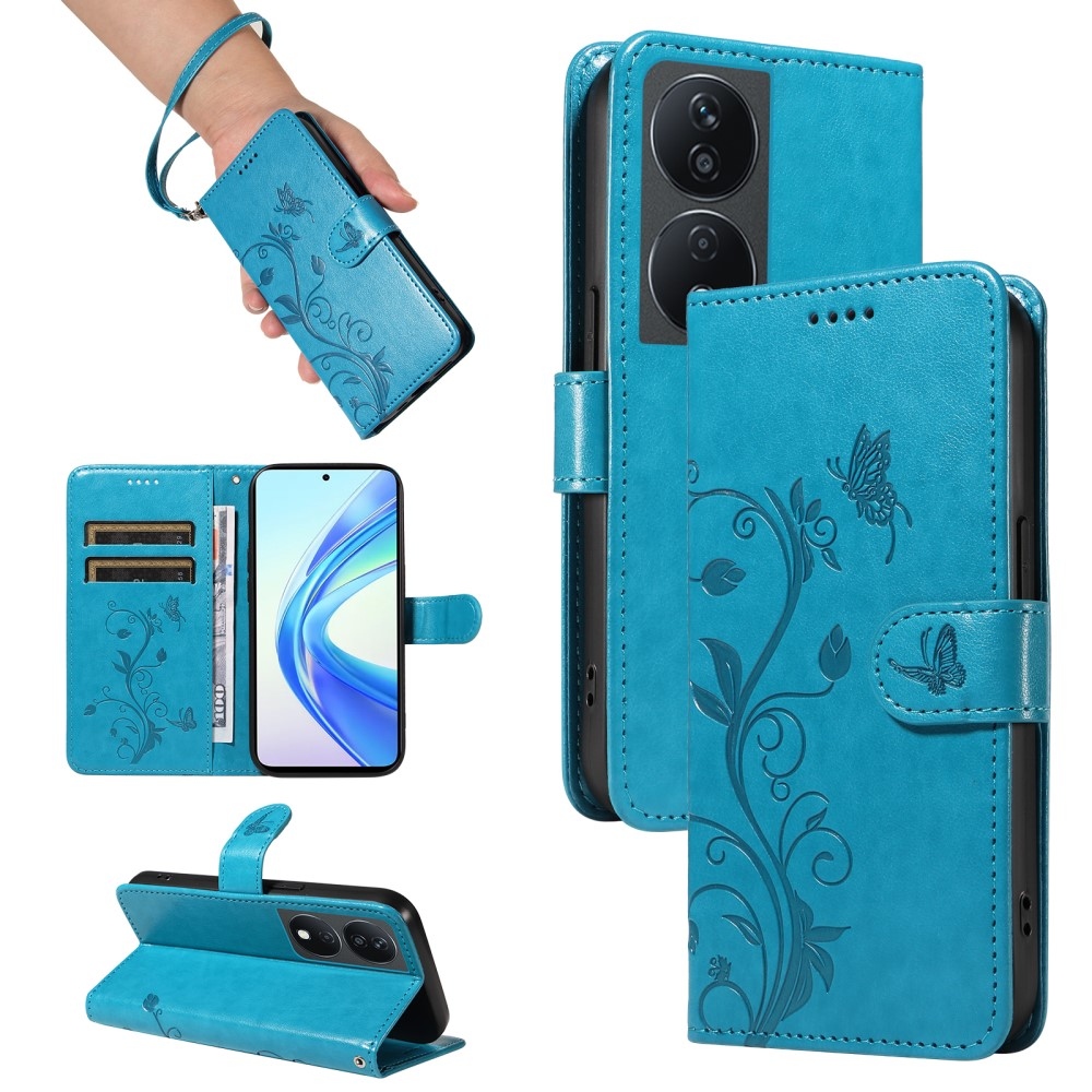 Virágok könyvtáska a Honor X7b/Honor 90 Smart készülékhez - kék