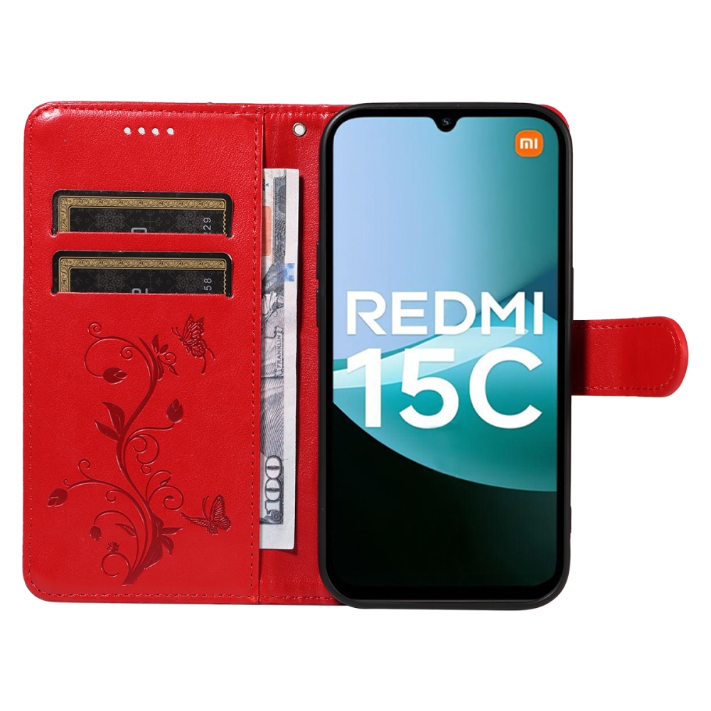 Virágok könyv tok Xiaomi Redmi 15C 4G/5G (173mm) - piros