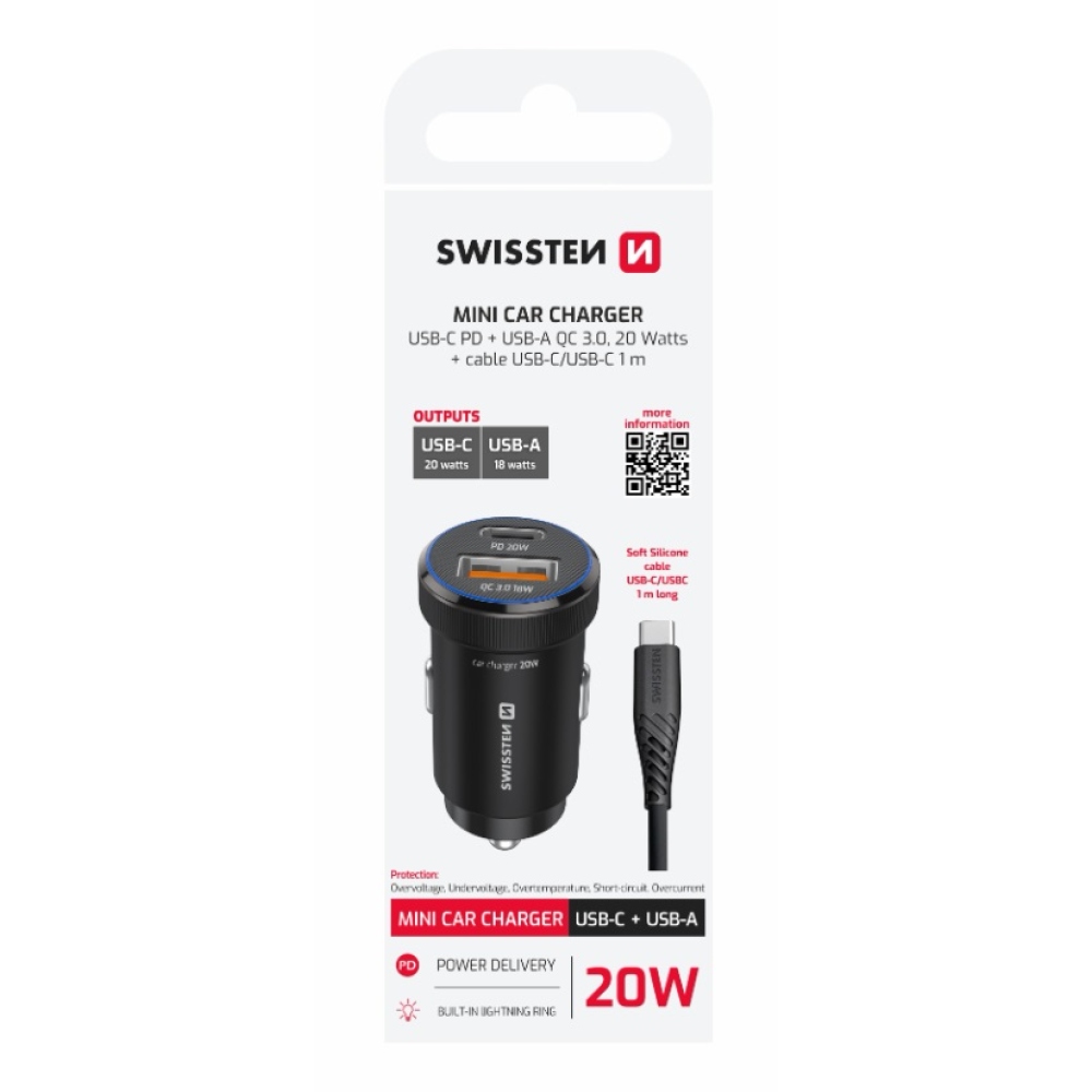 Swissten CL adapter USB-C PD + USB-A, 20W - fekete + USB-C / USB-C kábel, 1m