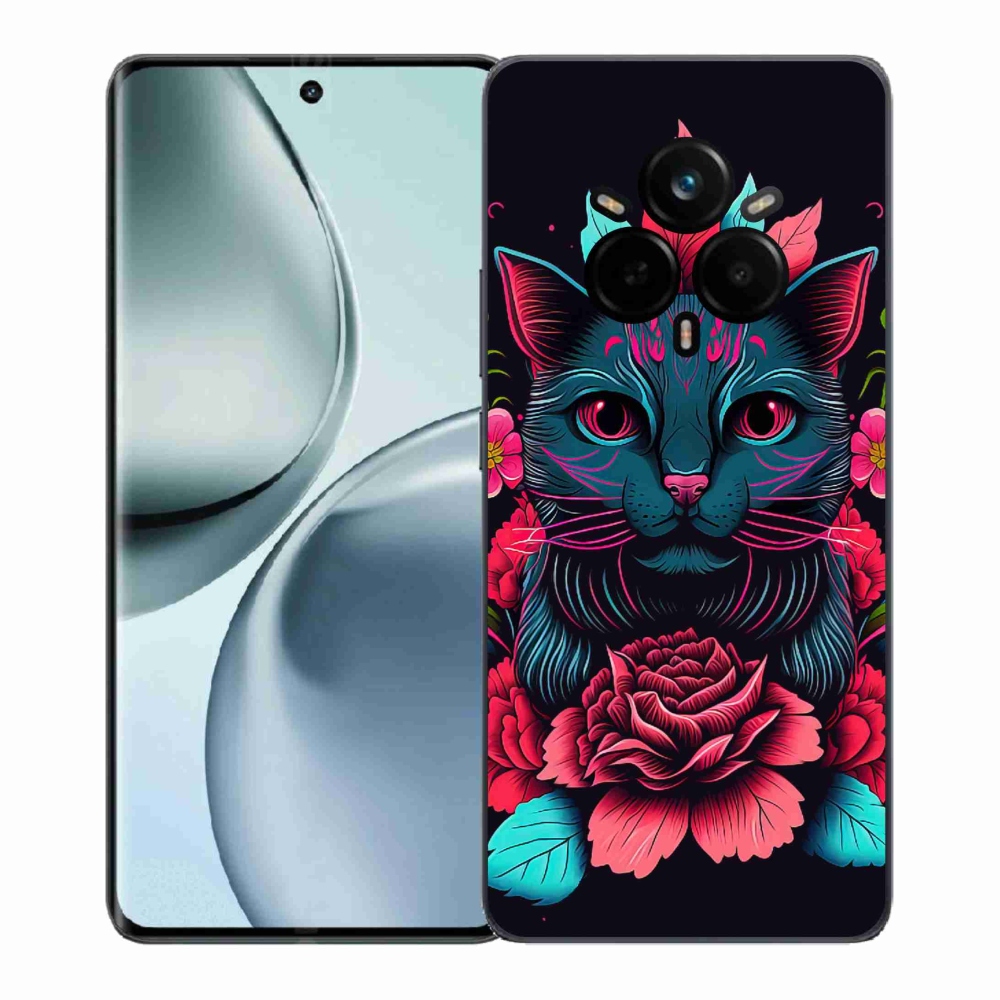 Gél borító mmCase a Realme 14 Pro 5G készülékhez - virágok és macska