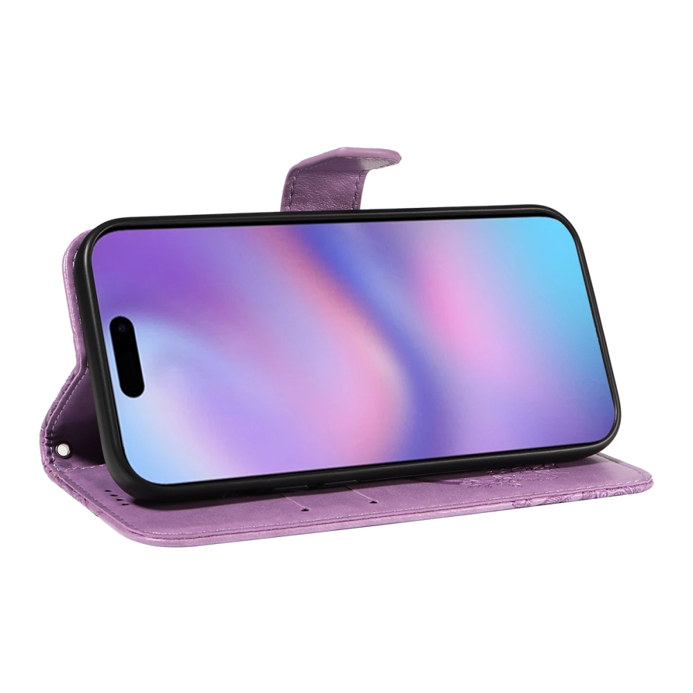 Virágos pillangó könyvtáska iPhone 17 készülékhez - világos lila