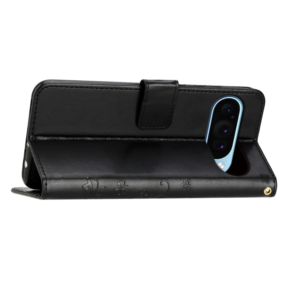 Virágos könyvtáska Google Pixel 9/9 Pro készülékhez - fekete