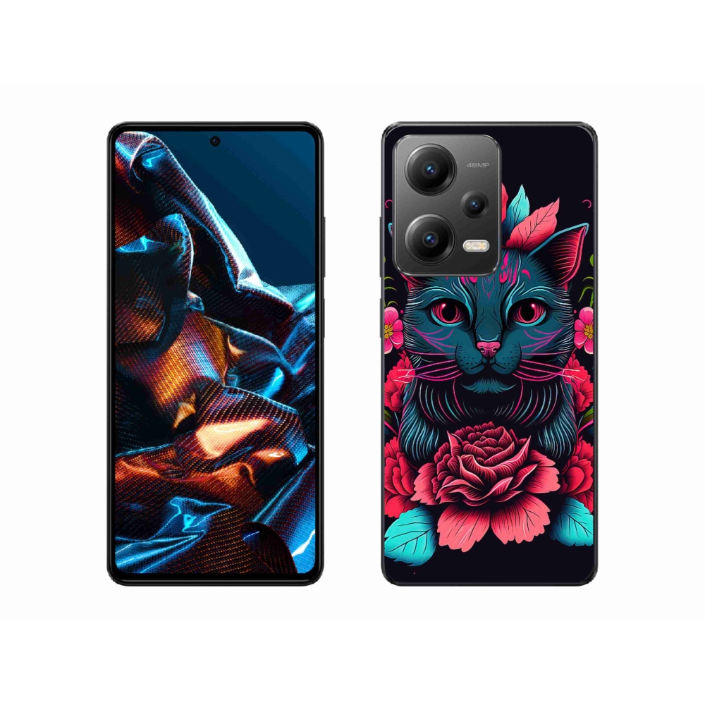 Gél borító mmCase a Xiaomi Redmi Note 12 Pro 5G számára - virágok és macska