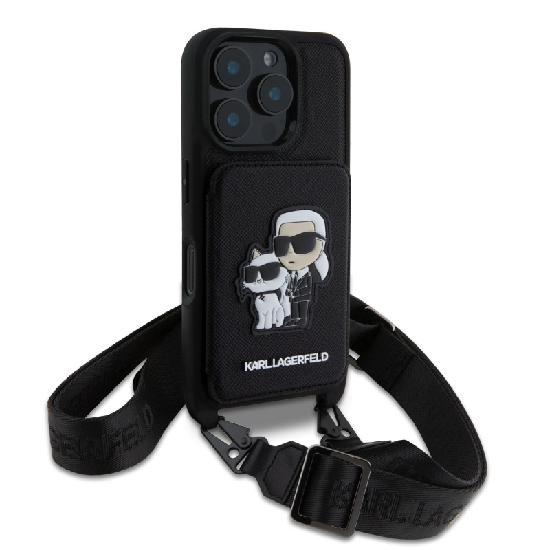 Karl Lagerfeld Saffiano válltáska pánttal, Karl és Choupette mintával, iPhone 16 Pro Max tok, fekete