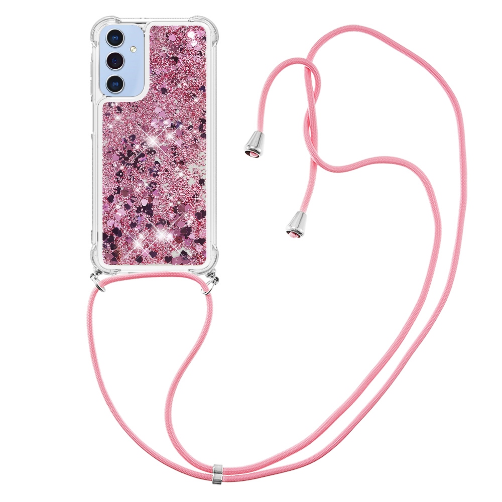 Csillogó homokóra zselés tok húzózsinórral Samsung Galaxy A17 4G/5G - rózsaarany/szív