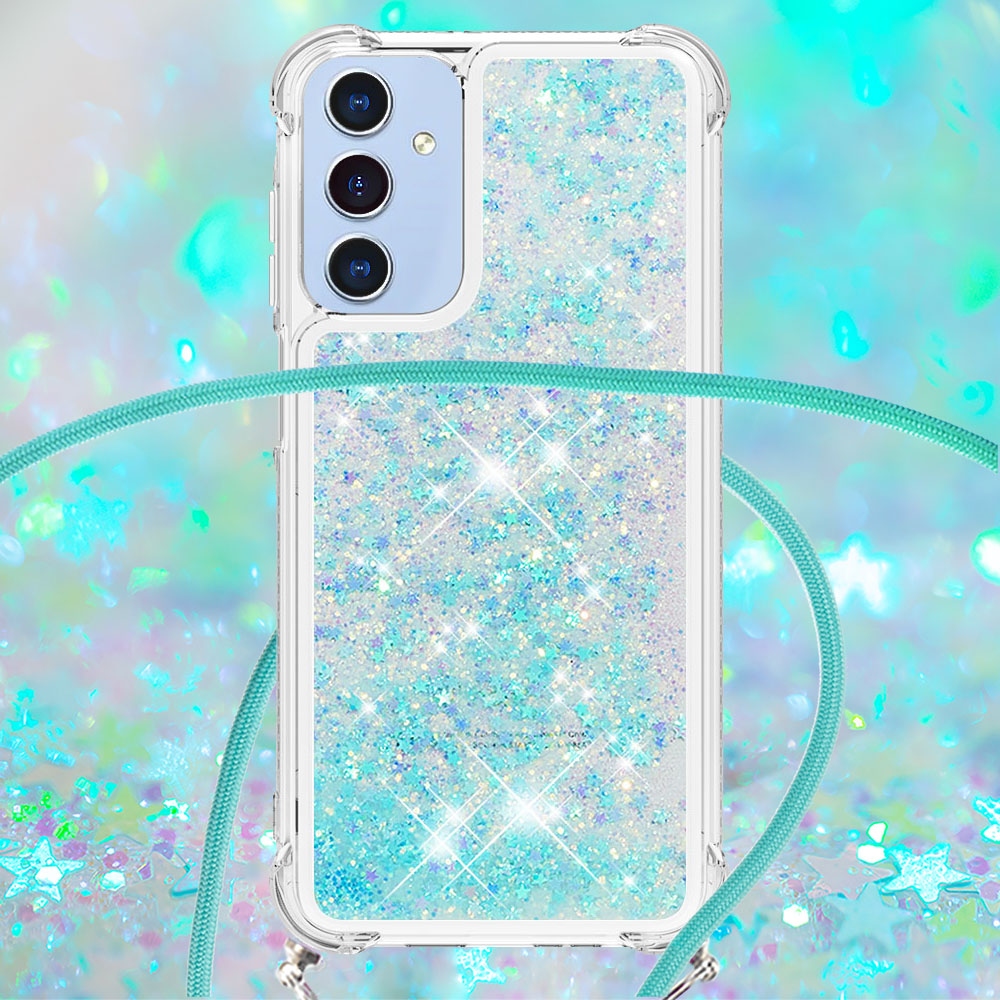 Csillogó homokóra zselés tok húzózsinórral Samsung Galaxy A17 4G/5G - kék/csillagok