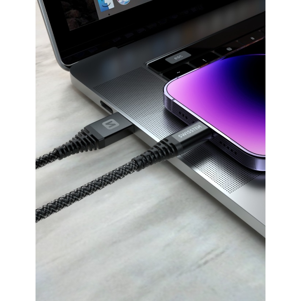 Swissten Kevlar USB/USB-C adatkábel 1,5m - antracit színű