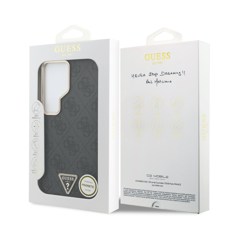 Guess PU bőr 4G Strass háromszög háromszög logó arany keret mágneses hátlap borító Samsung Galaxy S26 Ultra Fekete