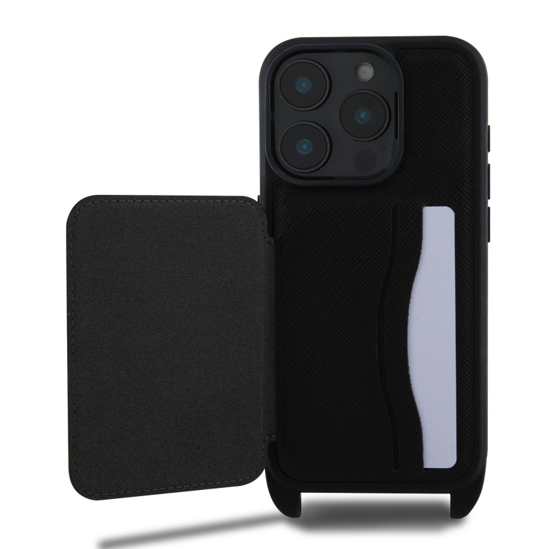 Karl Lagerfeld Saffiano válltáska pánttal, Karl és Choupette mintával, iPhone 16 Pro Max tok, fekete