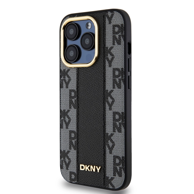 DKNY PU bőr kockás mintás Magsafe hátlap iPhone 15 Pro Fekete