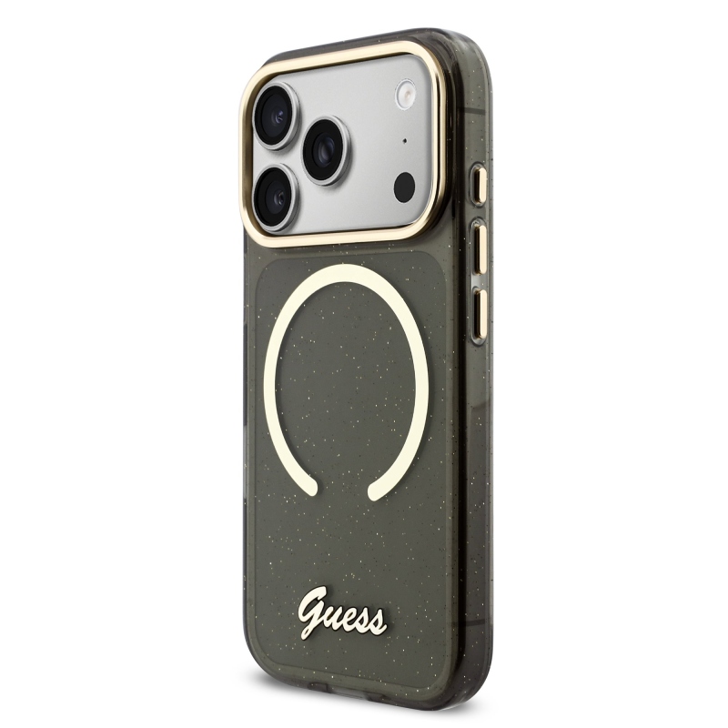 Guess IML Glitter Script Strap MagSafe hátlapi borító iPhone 17 Pro Fekete