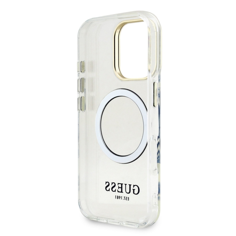 Guess IML Gold Outline Stand Kamera keret MagSafe hátlapi borító iPhone 16 Pro átlátszóhoz
