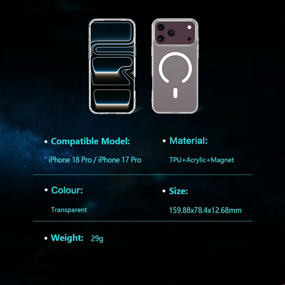 Acryle gél tok merev hátlappal és MagSafe-vel az iPhone 18 Pro/17 Pro-hoz – átlátszó