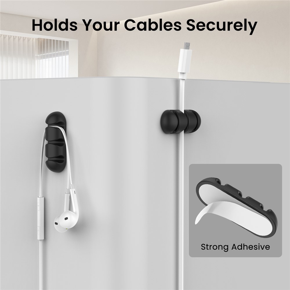 Szilikon kábeltartó 3 horonnyal és öntapadós rögzítéssel - fekete
