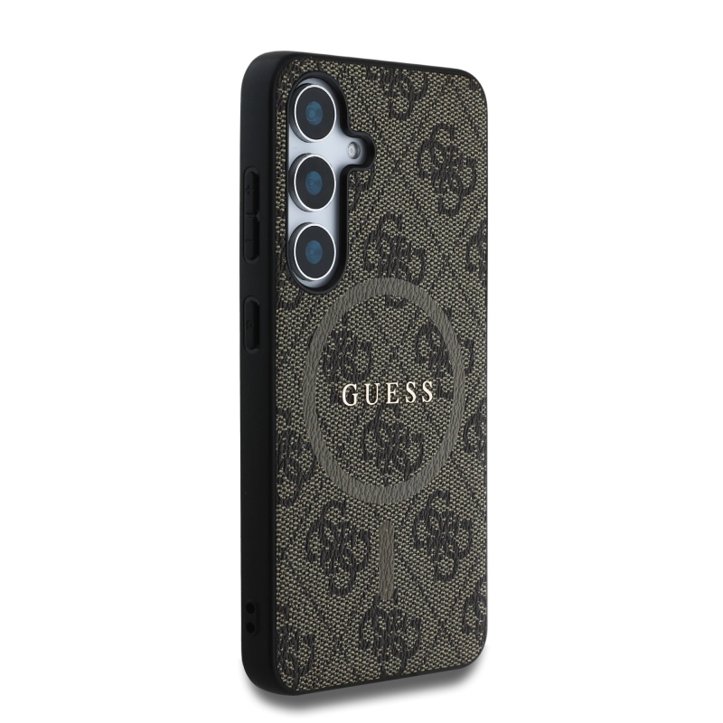 Guess PU bőr 4G színes gyűrűs MagSafe hátlap Samsung Galaxy S25 barna