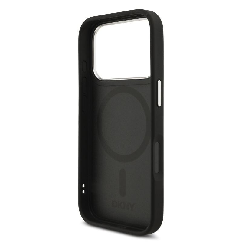 DKNY PU bőr fém logós csuklólánc MagSafe hátlap iPhone 17 Pro fekete színűre